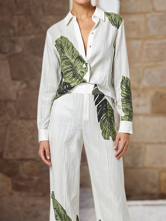 Long Sleeves Buttoned Leaves Print Lapel Blouses&Shirts Tops