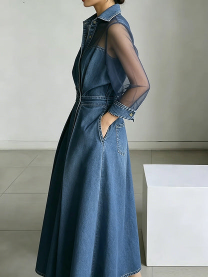 A-Line High Waisted Buttoned Pockets See-Through Solid Color Split-Joint Lapel Maxi Dresses