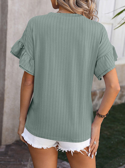 Wrap Falbala Solid Color Round-Neck T-Shirts Tops