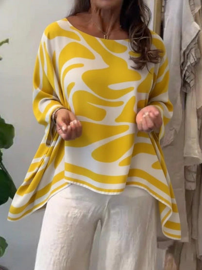 High-Low Irregularity Contrast Color Printed Round-Neck Blouses&Shirts Tops