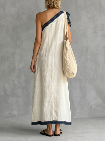 A-Line Sleeveless Asymmetric Contrast Color One-Shoulder Maxi Dresses
