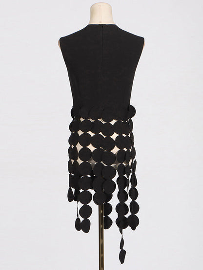 Sleeveless Polka-Dot Solid Color Split-Joint Tasseled Round-Neck Vest Top
