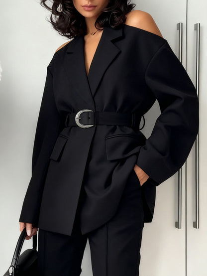 Long Sleeves Loose Belted Solid Color Split-Front Split-Joint Cold Shoulder Blazer Outerwear