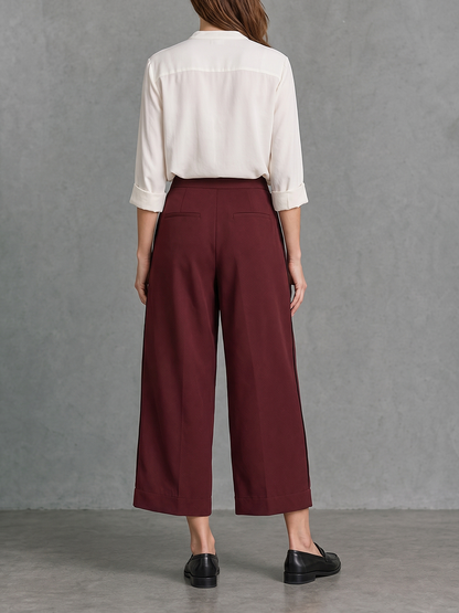 Solid Color Pockets Pleated Wide Leg Loose Cropped Trousers