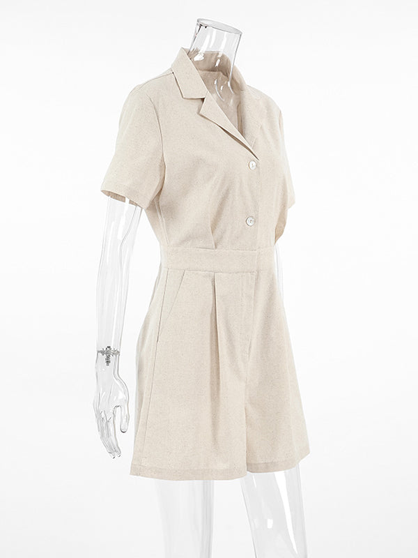 High Waisted Loose Buttoned Pleated Pockets Solid Color Split-Joint Notched Collar Rompers