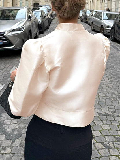 Long Sleeves Loose Buttoned Solid Color Mock Neck Blouses&Shirts Tops