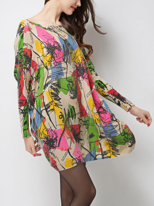 Long Sleeves Loose Printed Split-Joint Round-Neck Sweater Tops