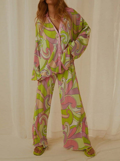 Long Sleeves Loose Buttoned Print Pleated Lapel Shirts Top + Elasticity Pants Bottom Two Pieces Set