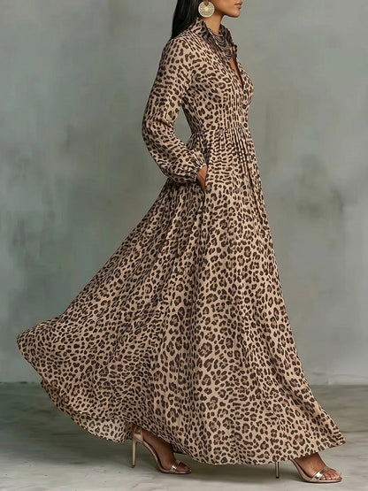 A-Line Long Sleeves Buttoned Contrast Color Leopard Pleated Pockets Lapel Maxi Dresses
