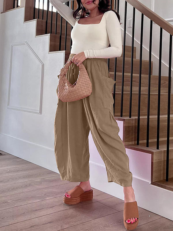 High Waisted Loose Drawstring Elasticity Pleated Pockets Solid Color Ninth Pants Trousers