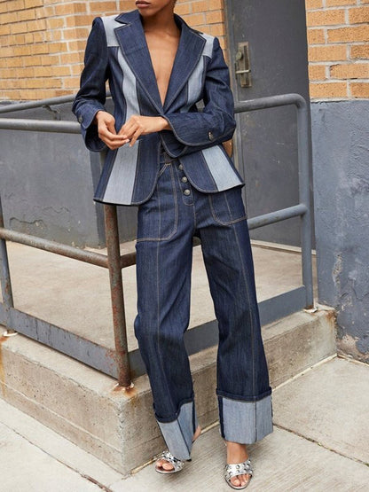 Long Sleeves Loose Buttoned Contrast Color Split-Joint Deep V-Neck Jackets Outerwear Two-Piece Sets