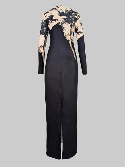 Bodycon Long Sleeves Floral Printed Boat Neck Maxi Dresses