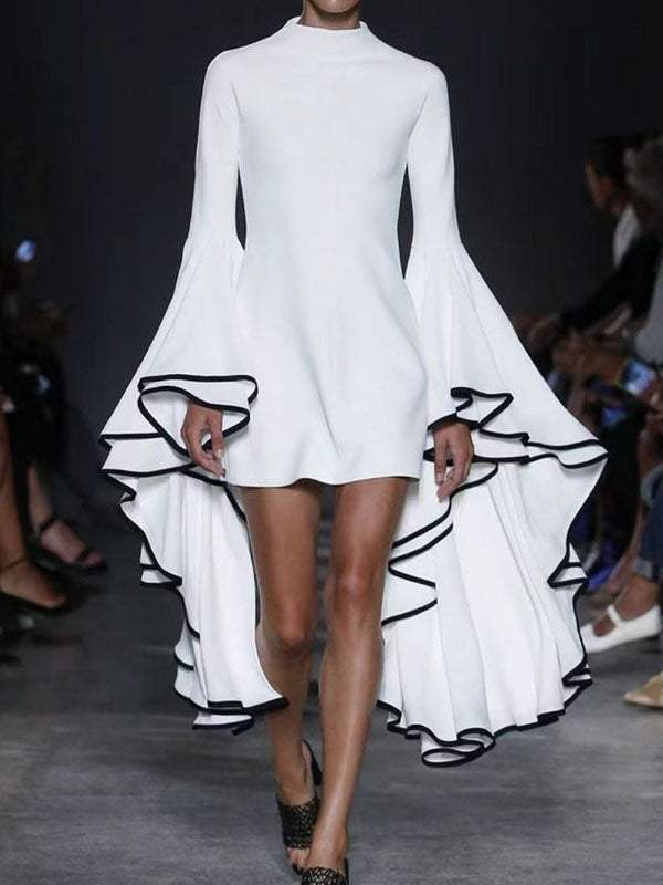 Flared Sleeves Long Sleeves Solid Color Stand Collar Mini Dresses