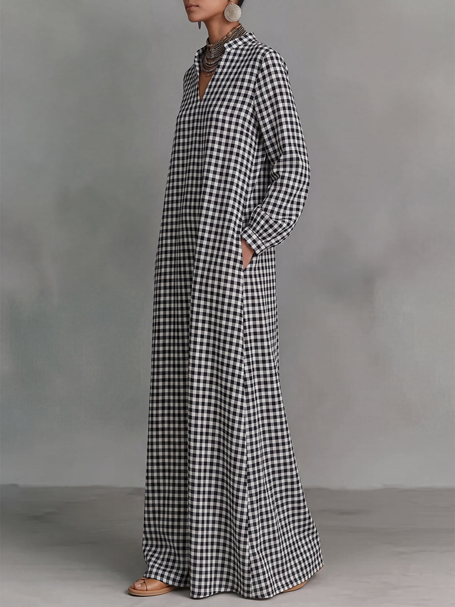 Pockets Plain Contrast Color Puff Sleeves Loose V-neck Maxi Dresses