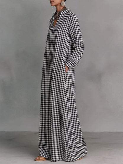 Pockets Plain Contrast Color Puff Sleeves Loose V-neck Maxi Dresses