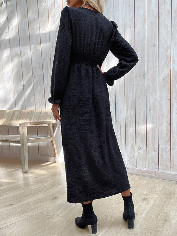 A-Line Long Sleeves Buttoned Elasticity Solid Color Split-Side V-Neck Midi Dresses