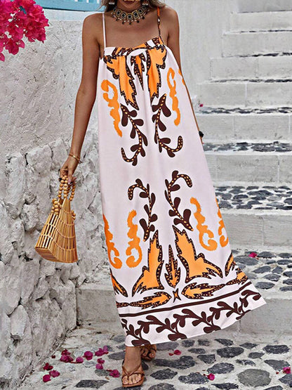 A-Line High Waisted Contrast Color Pleated Printed Split-Joint Spaghetti-Neck Midi Dresses