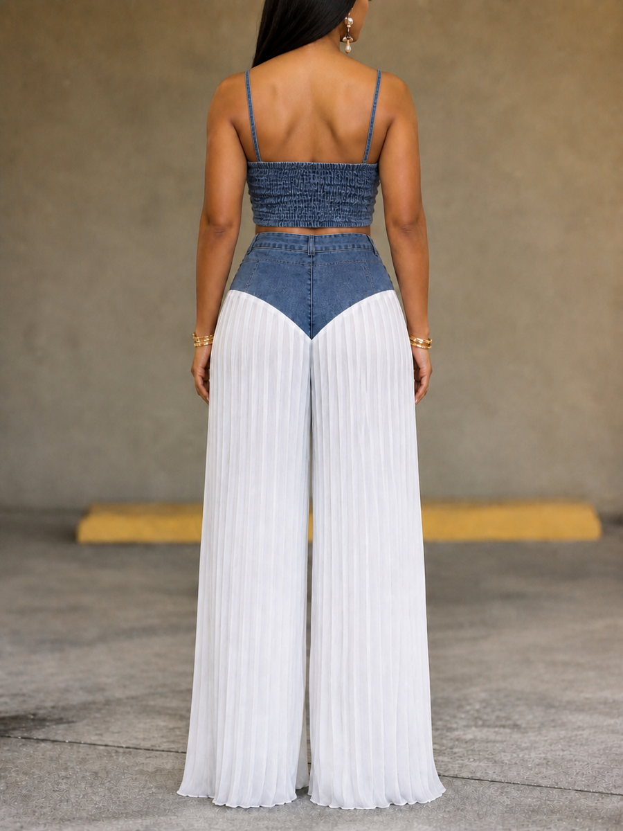 Cropped Skinny Zipper Backless Spaghetti‑Neck Camis Tops + Buttoned Zipper Pleated See‑Through Split‑Joint Trousers Bottoms Two Pieces Set