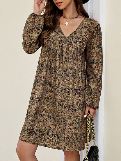 A-Line Bishop Sleeve Leopard Ruffled Tied V-Neck Mini Dresses