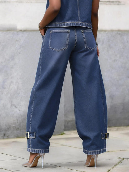High Waisted Wide Leg Buckle Pockets Solid Color Jean Pants Bottoms
