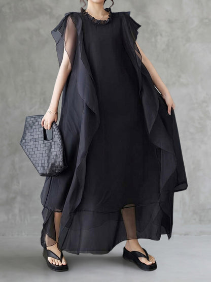 A-Line Ruffle Sleeves Pleated Solid Color Split-Joint Round-Neck Midi Dresses