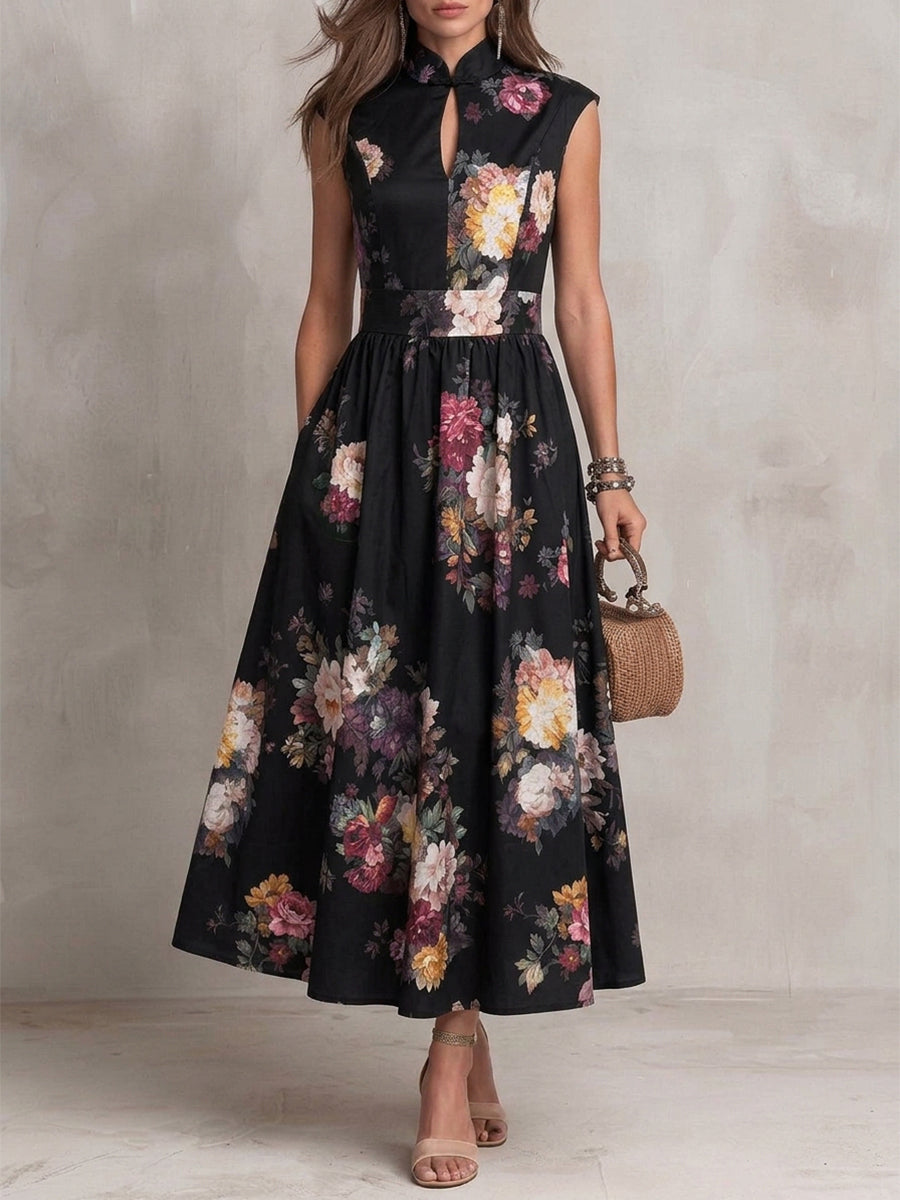 Split-Joint Pockets Pleated Hollow Flower Print Sleeveless A-line Stand Collar Maxi Dresses