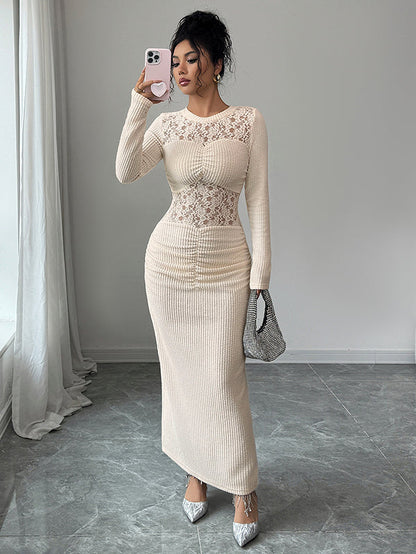 Bodycon Long Sleeves Hollow Lacy Pleated Solid Color Split-Back Split-Joint Zipper Round-Neck Maxi Dresses