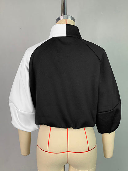 Loose Puff Sleeves Contrast Color Split-Joint Stand Collar Outerwear