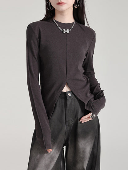 Long Sleeves Skinny Solid Color Split-Front Round-Neck T-Shirts Tops