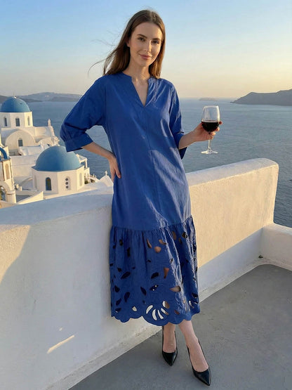 A-Line Long Sleeves Hollow Pleated Solid Color Split-Joint V-Neck Maxi Dresses