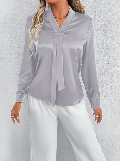 Long Sleeves Loose Solid Color Split-Joint Streamer Scarf Collar Blouses&Shirts Tops