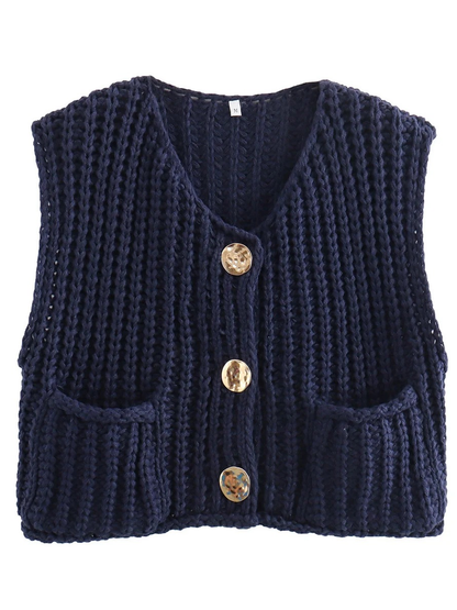 Sleeveless Buttoned Pockets Solid Color Cardigan Tops Knit Top