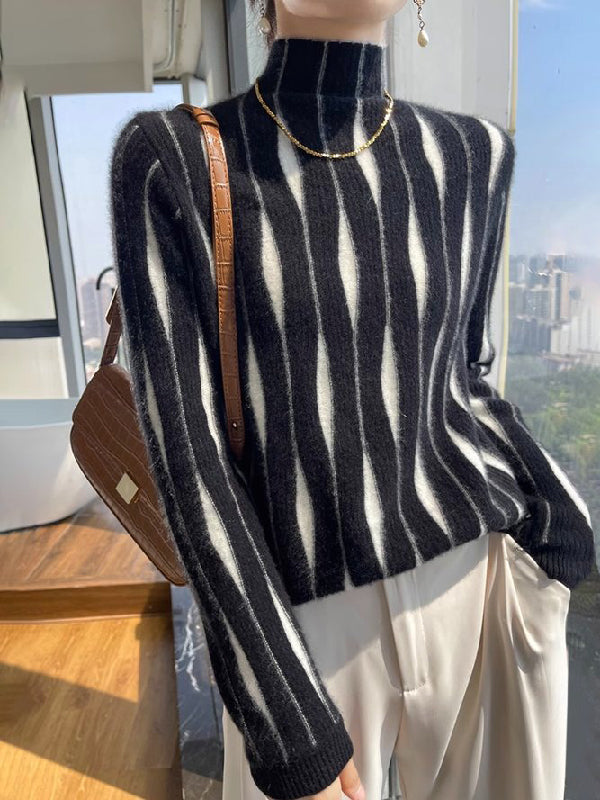 Long Sleeves Contrast Color High-Neck Sweater Tops