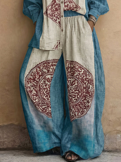 High Waisted Loose Contrast Color Elasticity Pockets Printed Pants Trousers