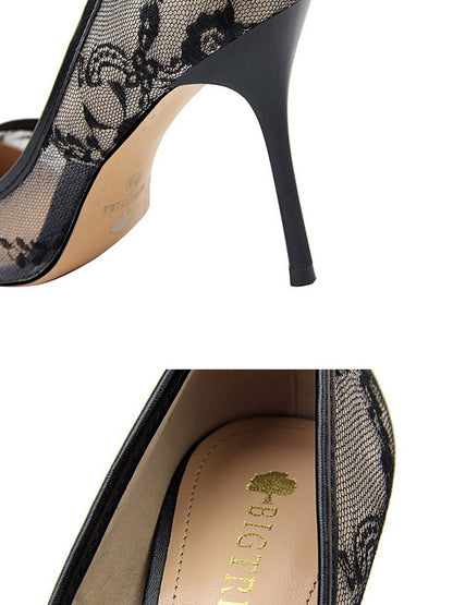 Flower Print Hollow Pointed-Toe Split-Joint Pumps