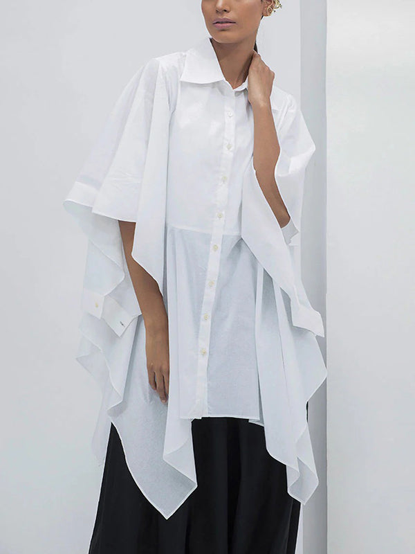 Flared Sleeves Half Sleeves Buttoned Solid Color Split-Joint Lapel Blouses&Shirts Tops