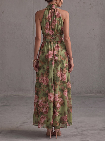 High Waisted Sleeveless Buttoned Flower Print Pleated Halter-Neck Maxi Dresses