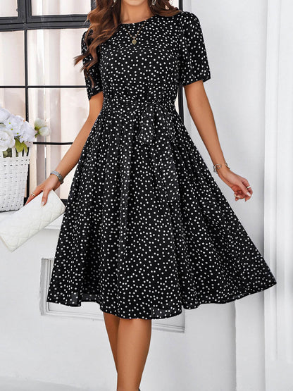 A-Line Elasticated Waist Contrast Color Polka Dot Split-Joint Tied Waist Round-Neck Midi Dresses