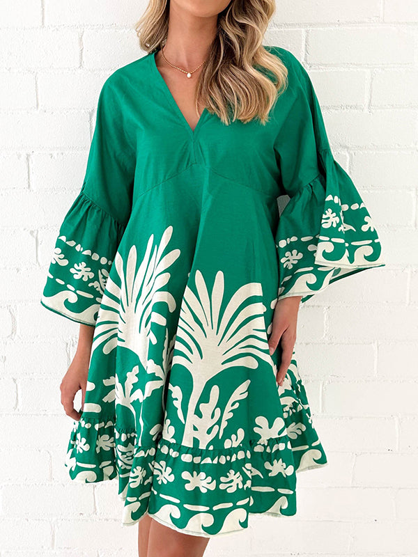 A-Line Flared Sleeves Flower Print Pleated Split-Joint V-Neck Mini Dresses