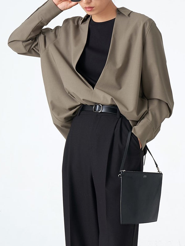 Long Sleeves Loose Solid Color Deep V-Neck Blouses&Shirts Tops