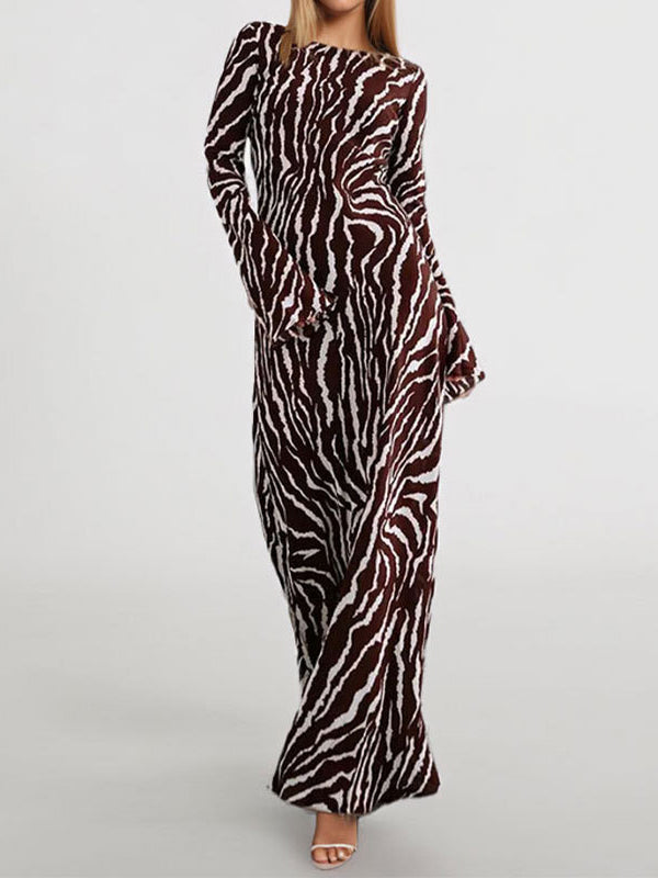 Long Sleeves Split-Toe Zebra Printed Round-Neck Maxi Dresses