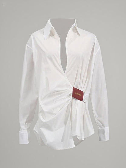 Long Sleeves Loose Buttoned Pleated Solid Color Lapel Blouses&Shirts Tops