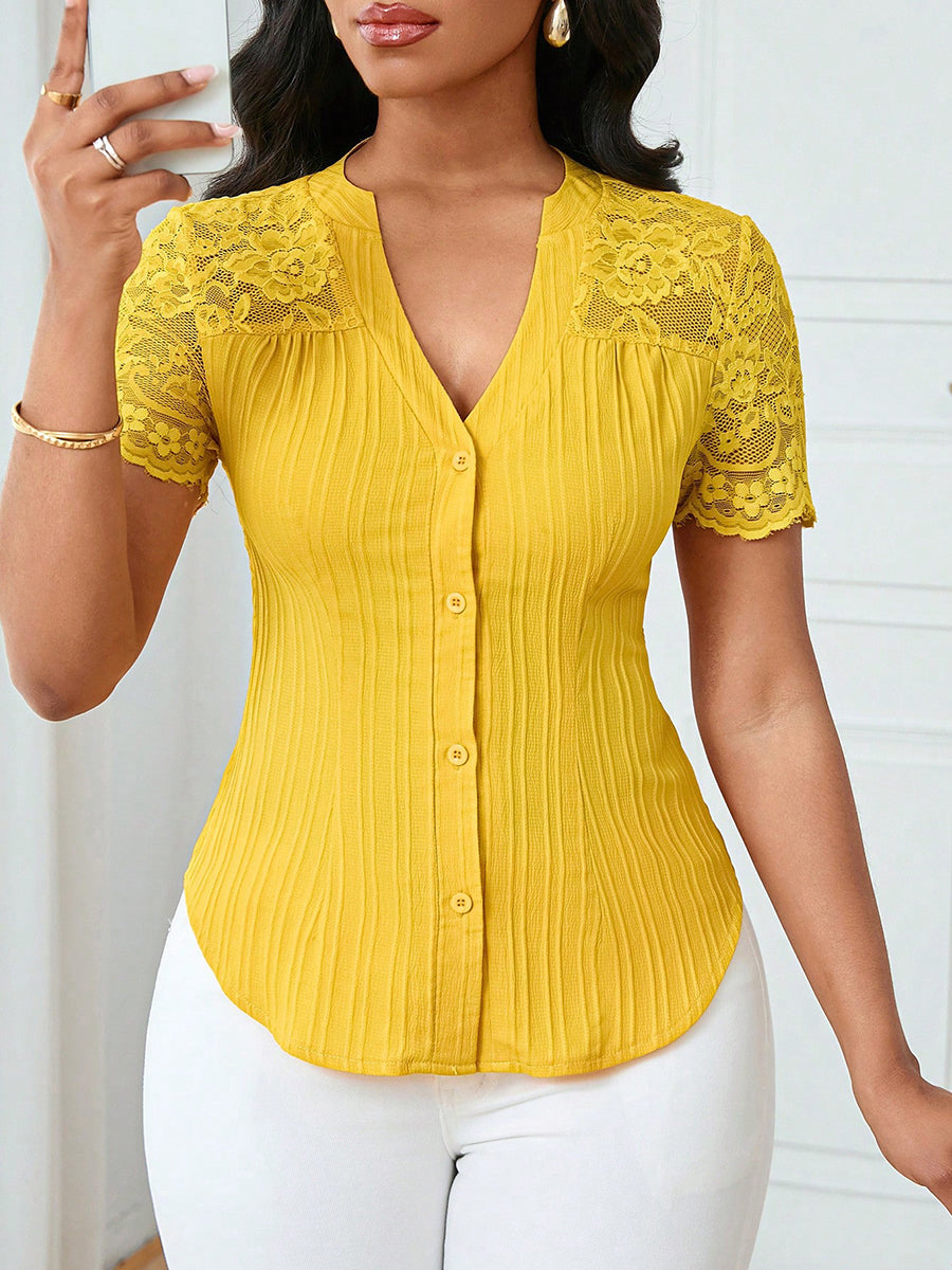 Split-Joint Solid Color Pleated Jacquard Hollow Buttoned Short Sleeves V-neck Blouses&shirts Tops