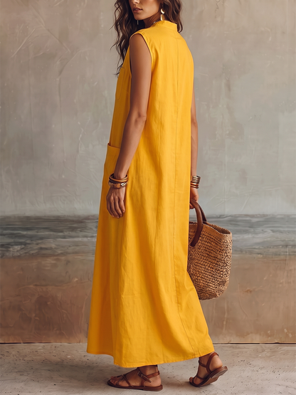 Loose Sleeveless Buttoned Pockets Solid Color Lapel Maxi Dresses