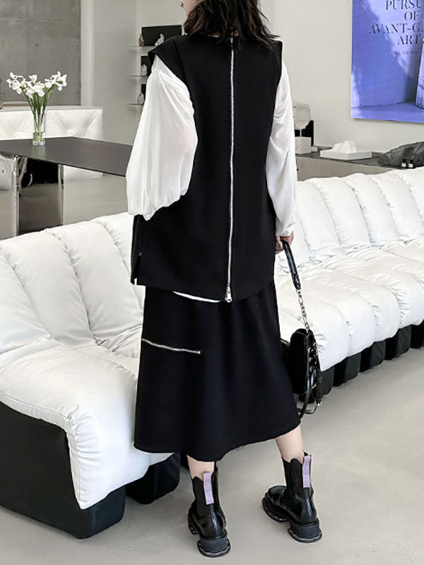 Loose Sleeveless Asymmetric Zipper Round-Neck Vest Top