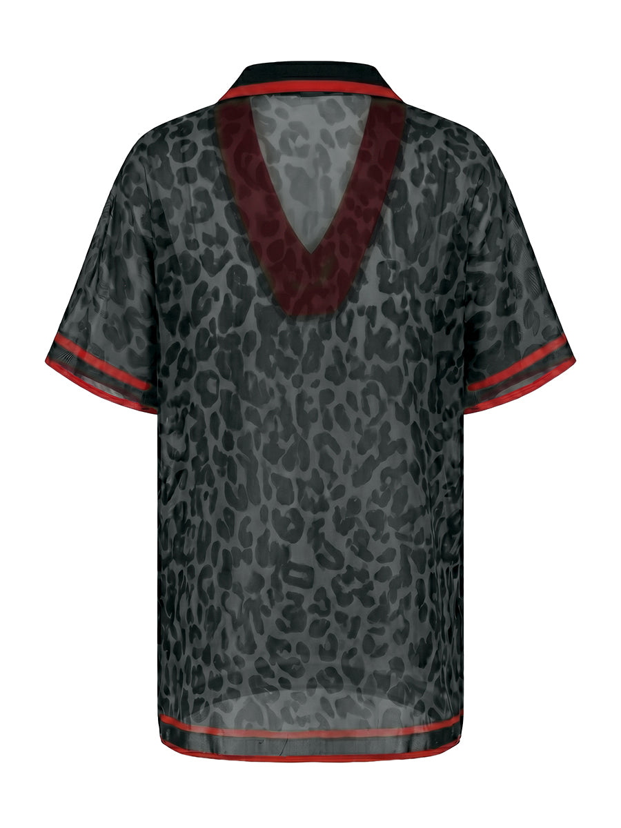 Loose Short Sleeves Contrast Color Leopard See-Through Split-Joint Striped Lapel Blouses&Shirts Tops