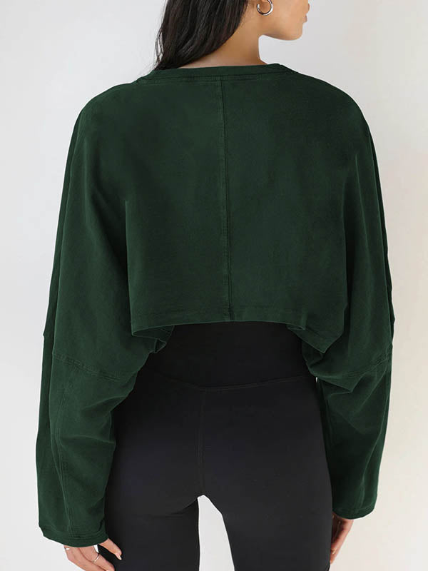 Long Sleeves Loose Solid Color Split-Joint Round-Neck Sweatshirt Tops