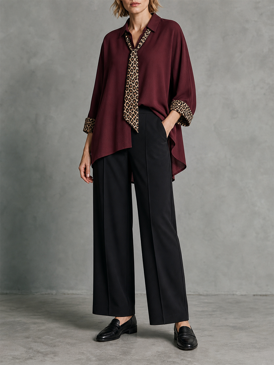 Tied Split-Joint Leopard Contrast Color Three-quarter Sleeves Loose Lapel Blouses&shirts Tops
