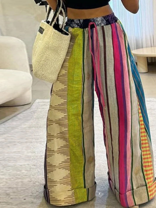 Loose Wide Leg Contrast Color Drawstring Printed Striped Casual Pants Bottoms Trousers