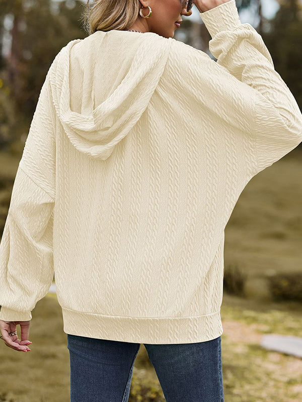 Long Sleeves Loose Drawstring Hooded Pockets Solid Color Zipper V-Neck Outerwear